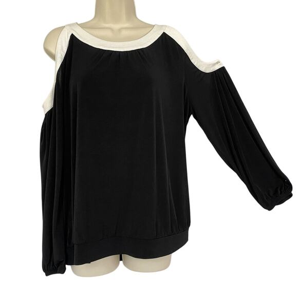 Chicos 2 Cold Shoulder Top Solid Black White Contrast Blouson Going Out Large - Picture 1 of 13